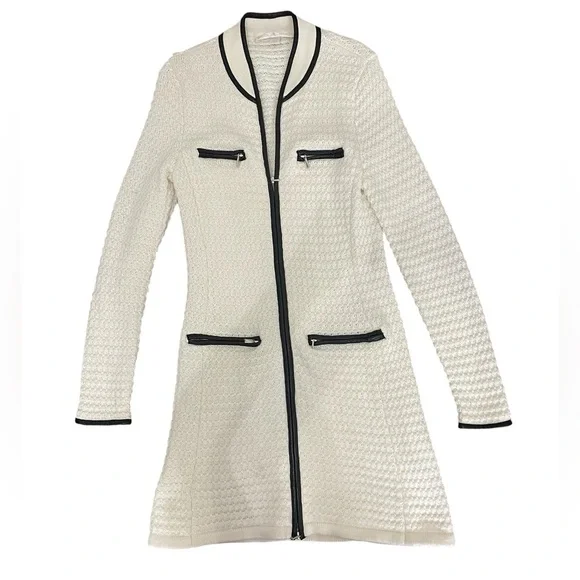 Boston Proper Cream Sweater Cardigan with Faux Leather Black Trim - Picture 1 of 4